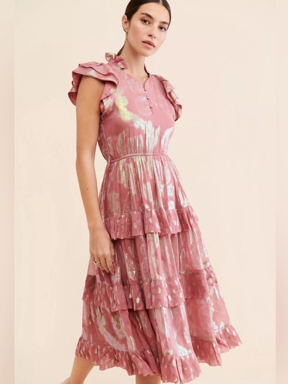 Ollari Orchid Metallic Ruffle Tiered Midi Dress Lilac Pink Shimmer Romantic